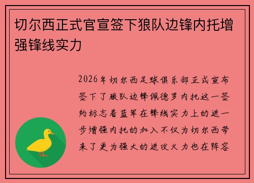 切尔西正式官宣签下狼队边锋内托增强锋线实力